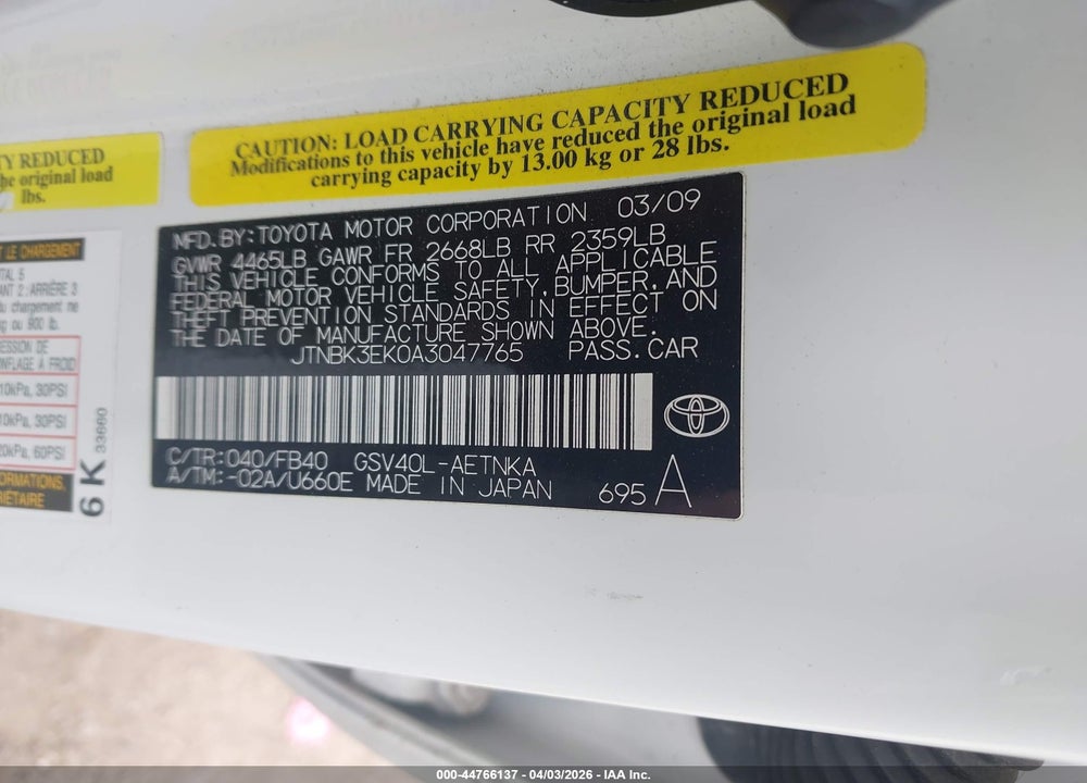 2010 TOYOTA CAMRY LE V6 VIN: JTNBK3EK0A3047765