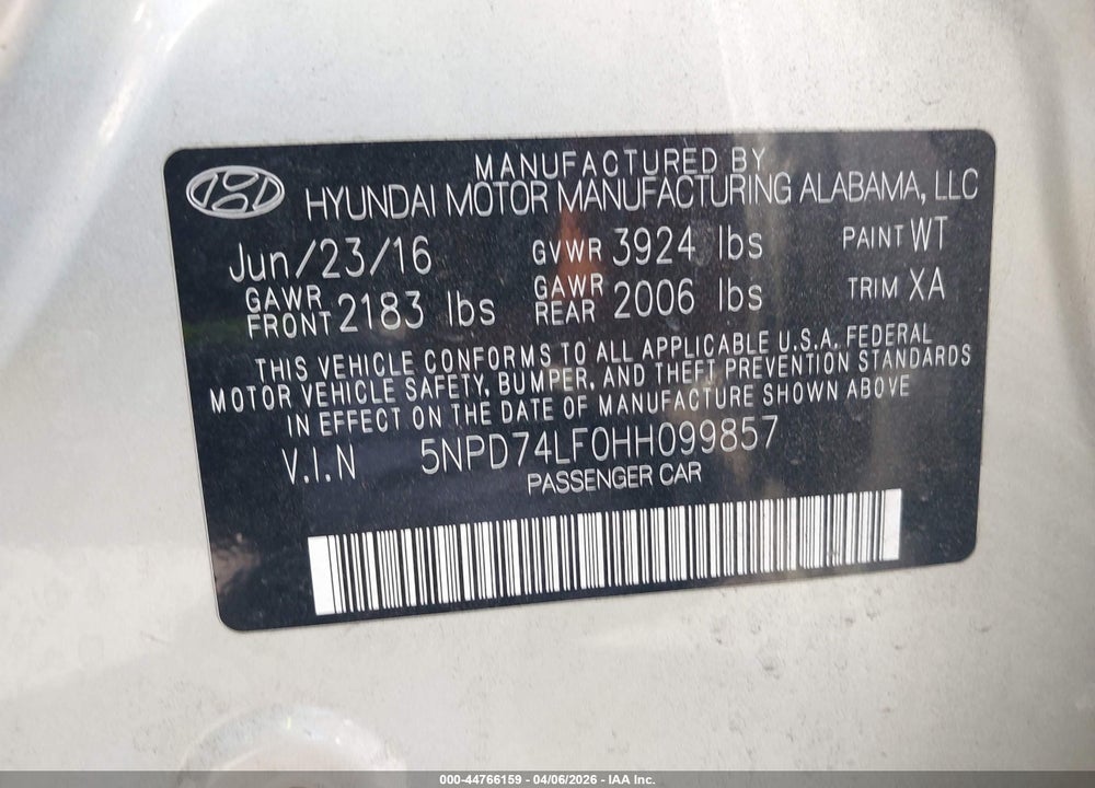 2017 HYUNDAI ELANTRA SE VIN: 5NPD74LF0HH099857