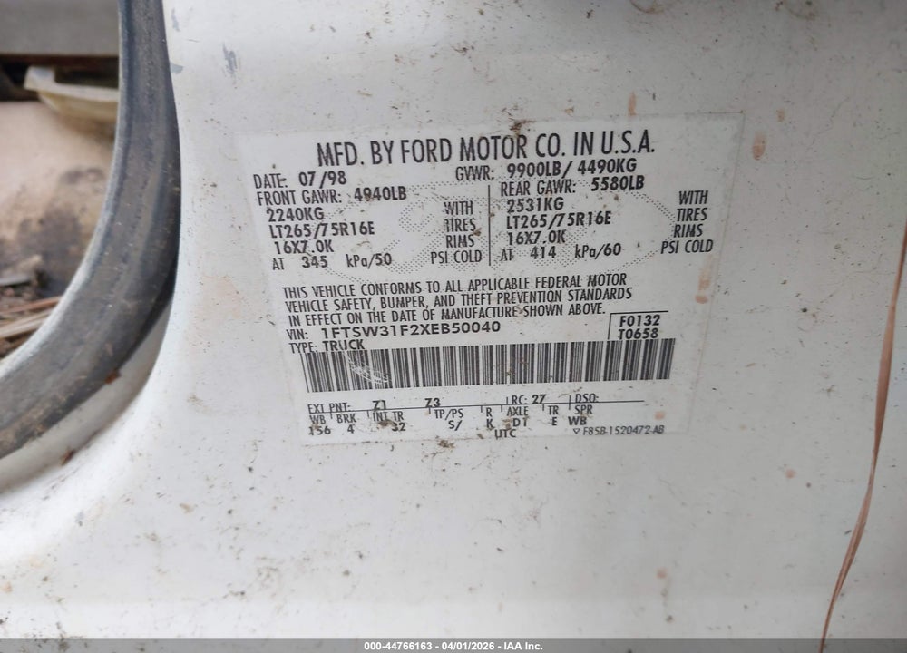 1999 FORD F-350 LARIAT/XL/XLT VIN: 1FTSW31F2XEB50040