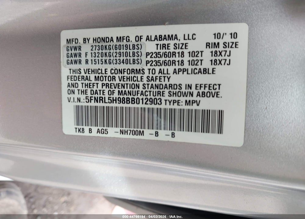 2011 HONDA ODYSSEY TOURING/TOURING ELITE VIN: 5FNRL5H98BB012903