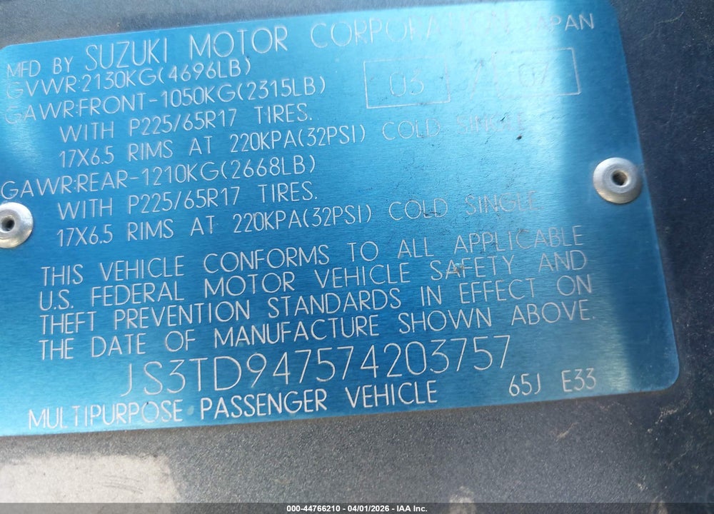 2007 SUZUKI GRAND VITARA LUXURY VIN: JS3TD947574203757
