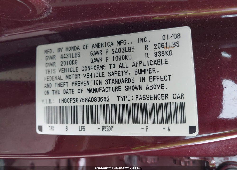2008 HONDA ACCORD 2.4 EX VIN: 1HGCP26768A083692