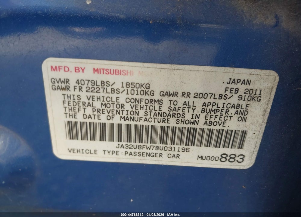 2011 MITSUBISHI LANCER GTS VIN: JA32U8FW7BU031196