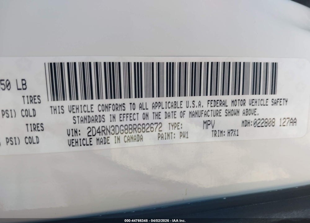 2011 DODGE GRAND CARAVAN MAINSTREET VIN: 2D4RN3DG8BR682672