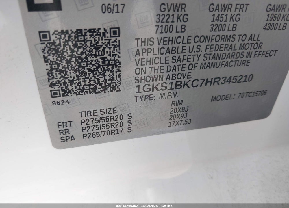 2017 GMC YUKON SLT VIN: 1GKS1BKC7HR345210
