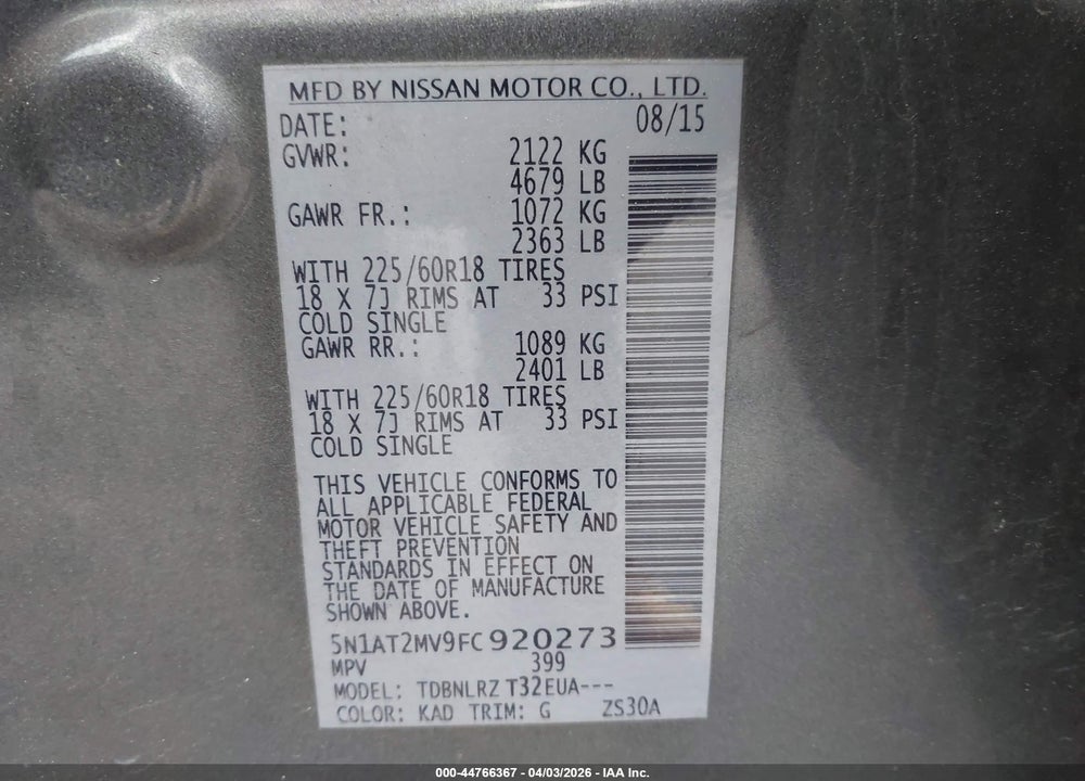 2015 NISSAN ROGUE SL VIN: 5N1AT2MV9FC920273