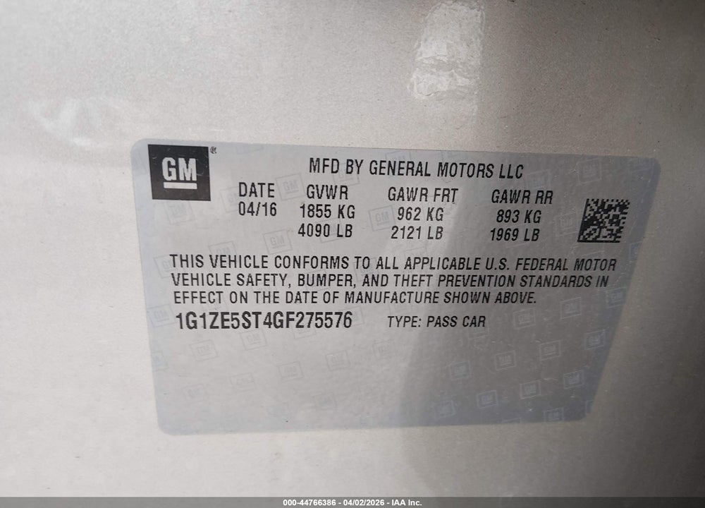 2016 CHEVROLET MALIBU 1LT VIN: 1G1ZE5ST4GF275576