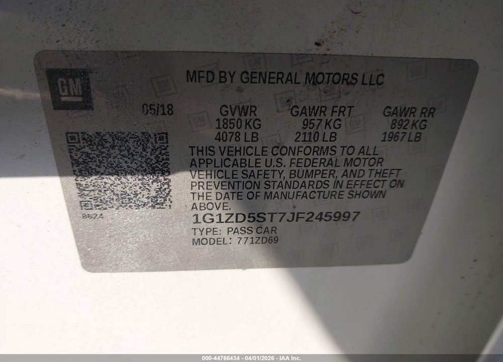 2018 CHEVROLET MALIBU LT VIN: 1G1ZD5ST7JF245997
