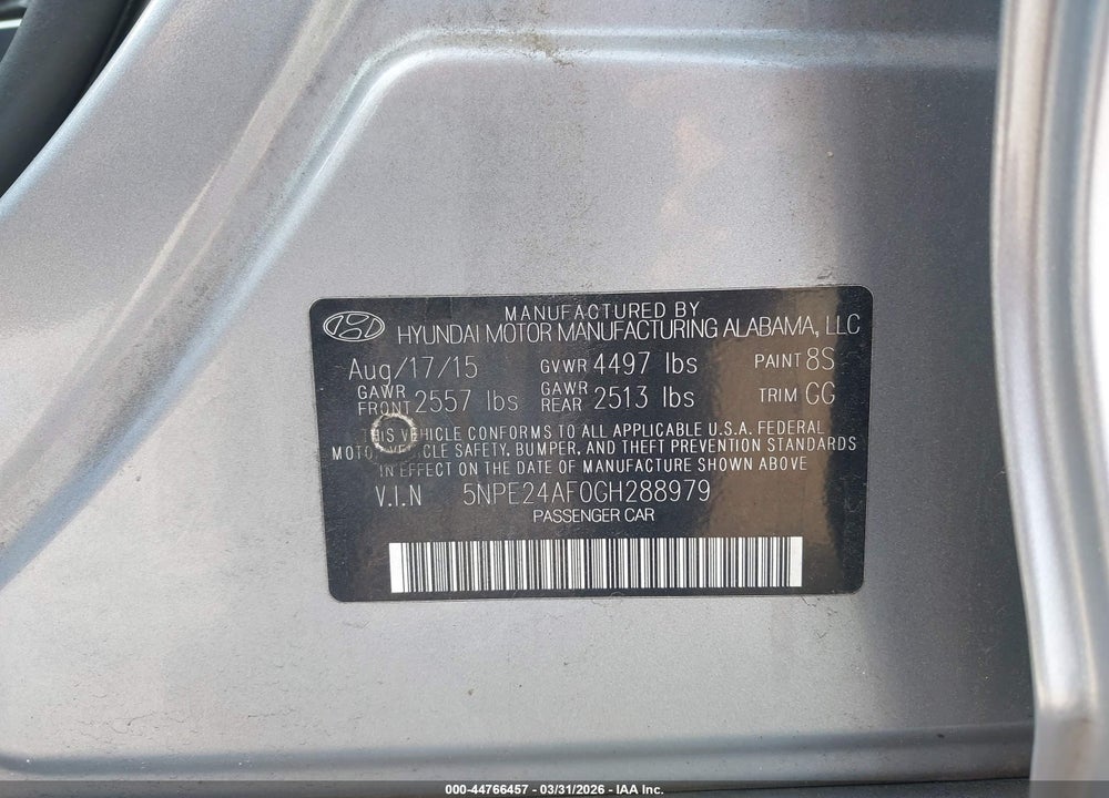 2016 HYUNDAI SONATA SE VIN: 5NPE24AF0GH288979