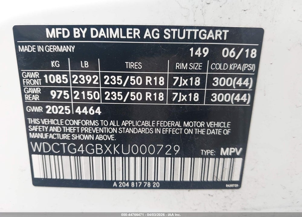 2019 MERCEDES-BENZ GLA 250 4MATIC VIN: WDCTG4GBXKU000729