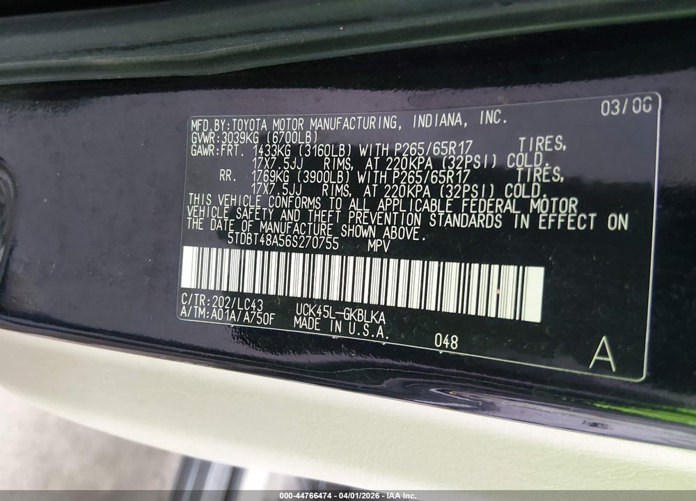 2006 TOYOTA SEQUOIA LIMITED V8 VIN: 5TDBT48A56S270755