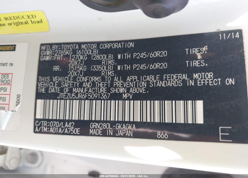 2015 TOYOTA 4RUNNER LIMITED VIN: JTEZU5JR6F5091367