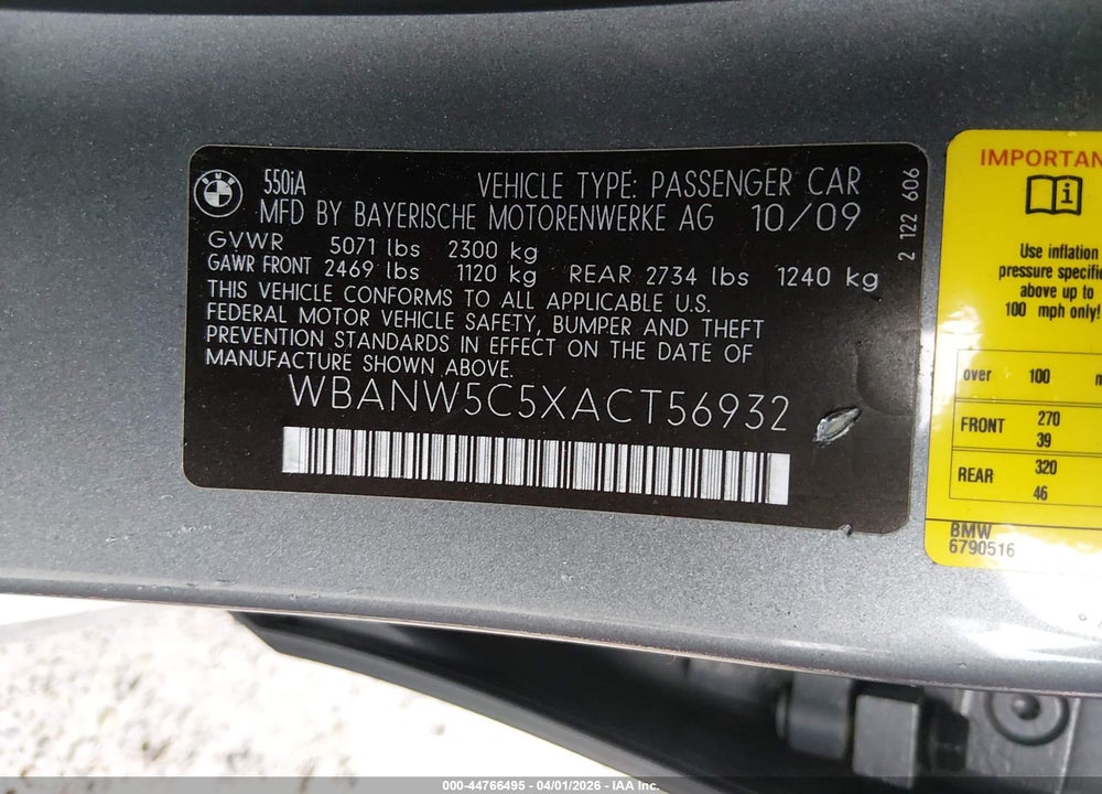 2010 BMW 550I VIN: WBANW5C5XACT56932