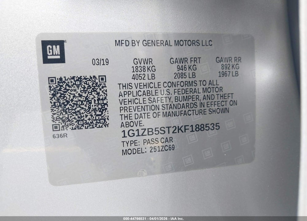 2019 CHEVROLET MALIBU 1LS VIN: 1G1ZB5ST2KF188535