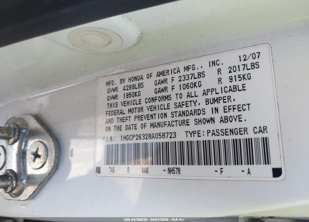 2008 HONDA ACCORD SDN LX VIN: 1HGCP26328A058723