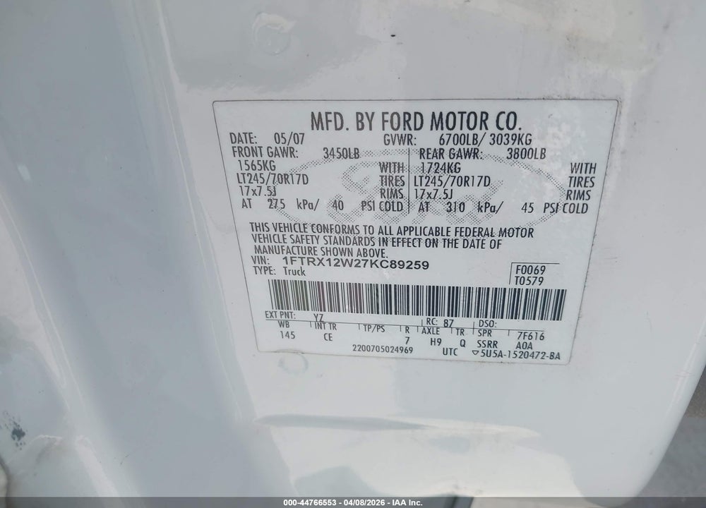 2007 FORD F-150 STX/XL/XLT VIN: 1FTRX12W27KC89259