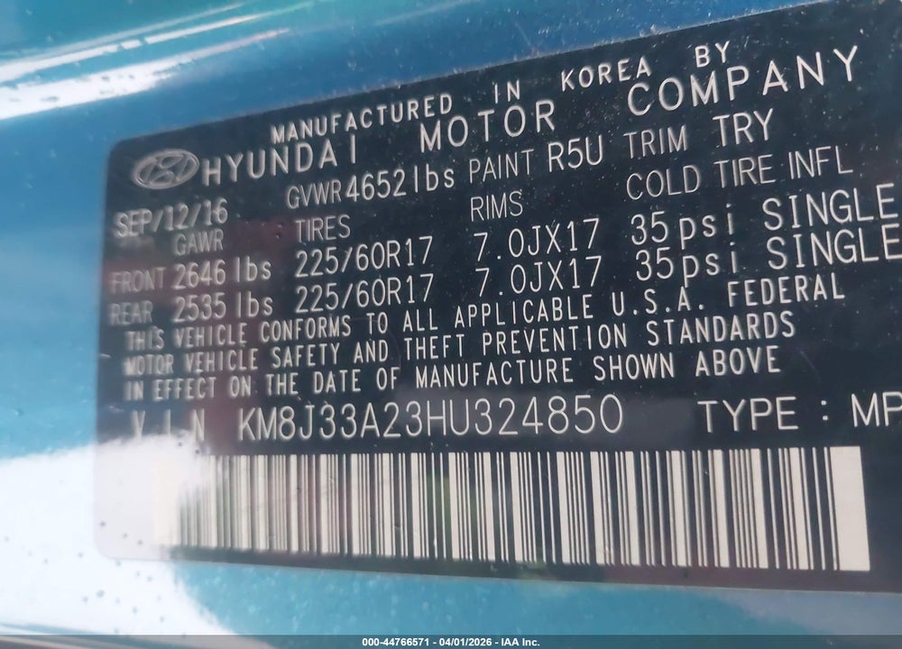 2017 HYUNDAI TUCSON ECO VIN: KM8J33A23HU324850