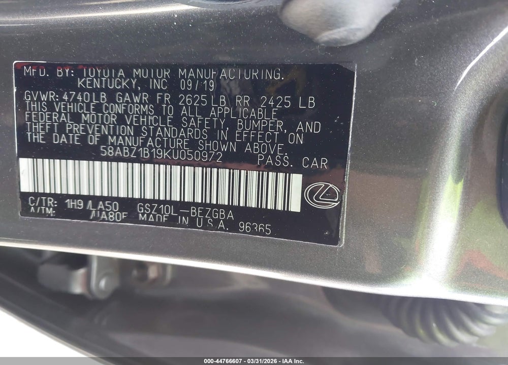 2019 LEXUS ES 350 VIN: 58ABZ1B19KU050972
