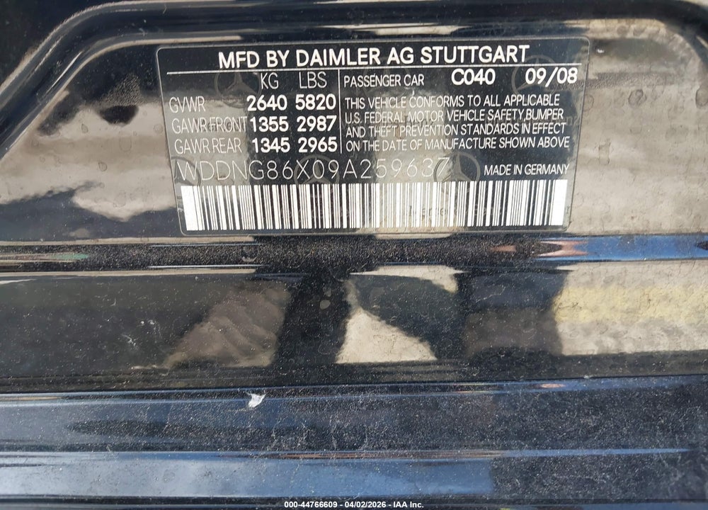 2009 MERCEDES-BENZ S 550 4MATIC VIN: WDDNG86X09A259637