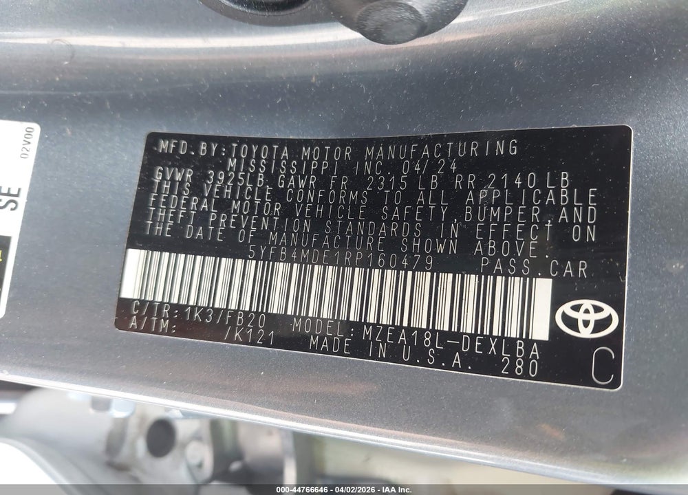 2024 TOYOTA COROLLA LE VIN: 5YFB4MDE1RP160479
