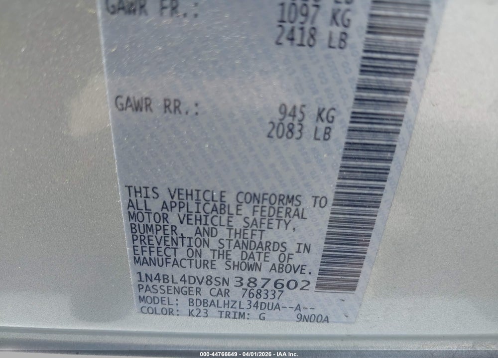 2025 NISSAN ALTIMA SV FWD VIN: 1N4BL4DV8SN387602