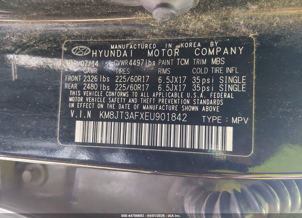 2014 HYUNDAI TUCSON GLS VIN: KM8JT3AFXEU901842