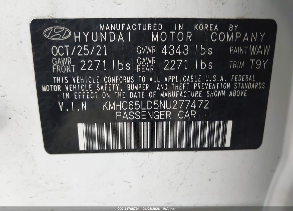 2022 HYUNDAI IONIQ PLUG-IN HYBRID SE VIN: KMHC65LD5NU277472