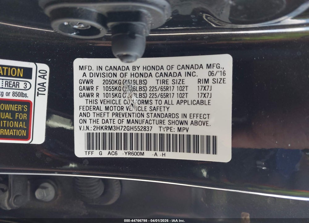 2016 HONDA CR-V EX-L VIN: 2HKRM3H72GH552837