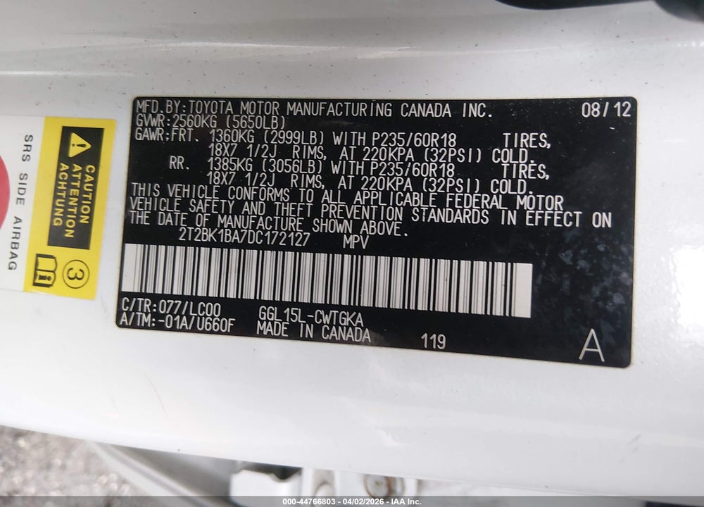 2013 LEXUS RX 350 VIN: 2T2BK1BA7DC172127