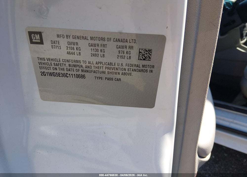2012 CHEVROLET IMPALA LT VIN: 2G1WG5E36C1110686