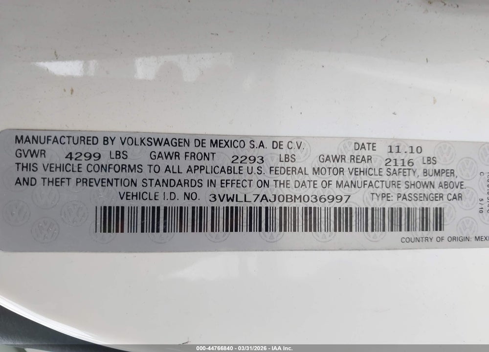 2011 VOLKSWAGEN JETTA 2.0L TDI VIN: 3VWLL7AJ0BM036997