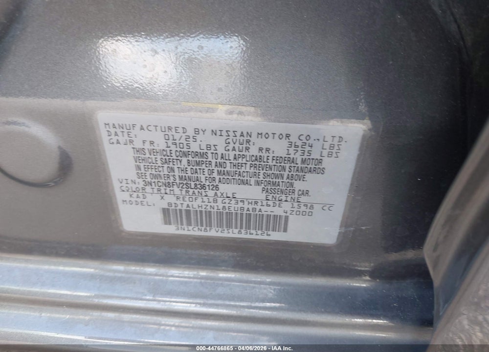 2025 NISSAN VERSA 1.6 SR VIN: 3N1CN8FV2SL836126