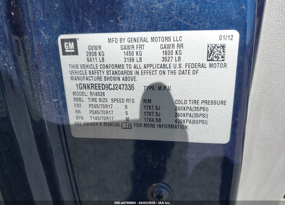 2012 CHEVROLET TRAVERSE LS VIN: 1GNKREED9CJ247336