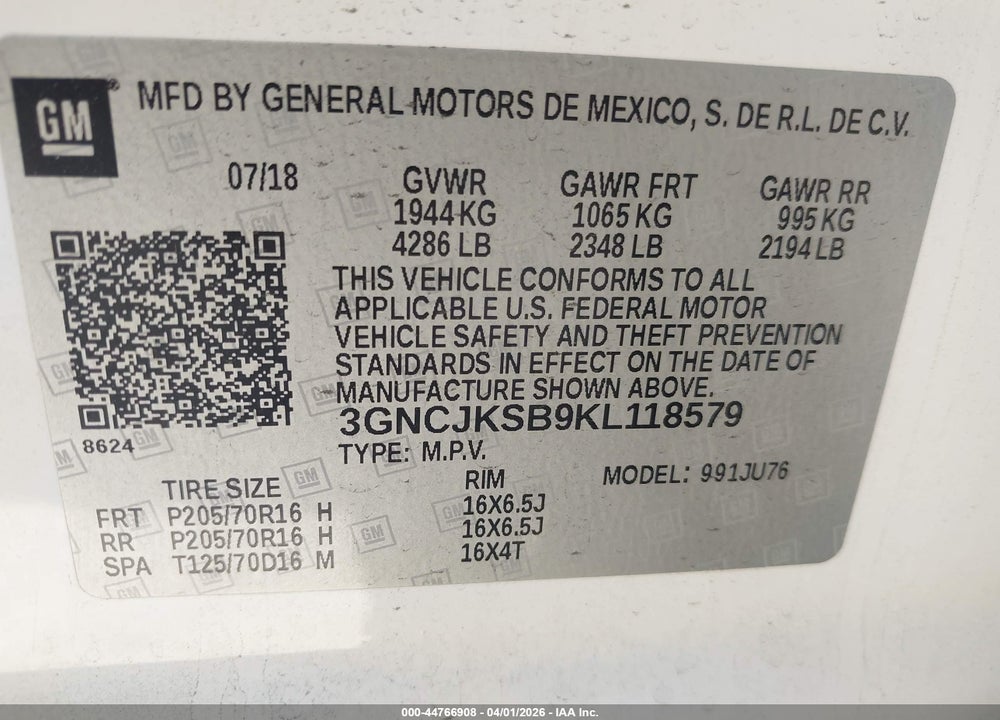 2019 CHEVROLET TRAX LS VIN: 3GNCJKSB9KL118579