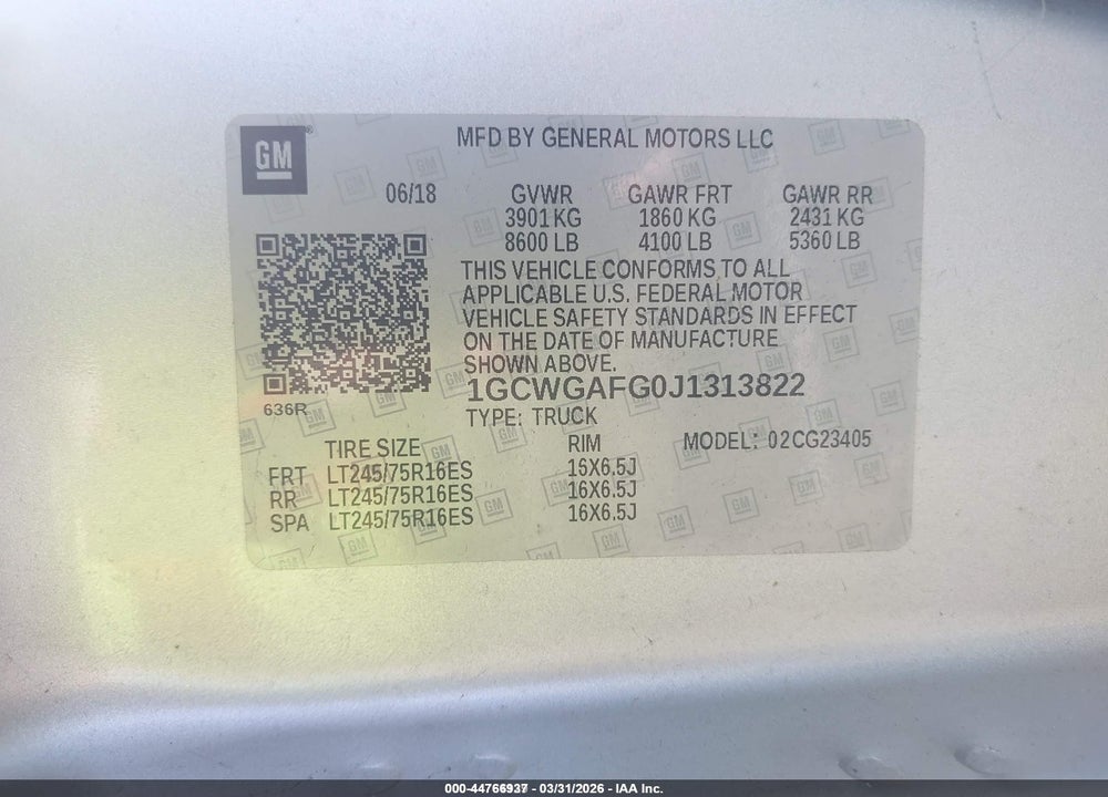 2018 CHEVROLET EXPRESS 2500 WORK VAN VIN: 1GCWGAFG0J1313822