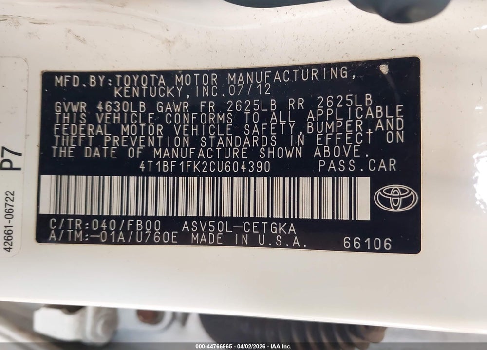 2012 TOYOTA CAMRY XLE VIN: 4T1BF1FK2CU604390