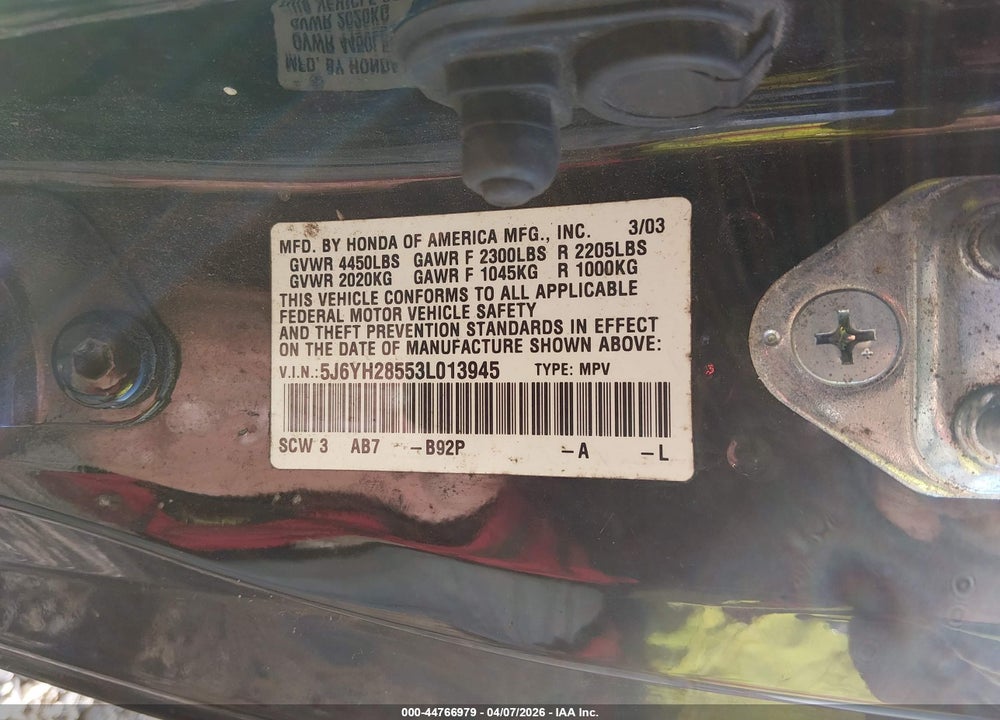 2003 HONDA ELEMENT EX VIN: 5J6YH28553L013945