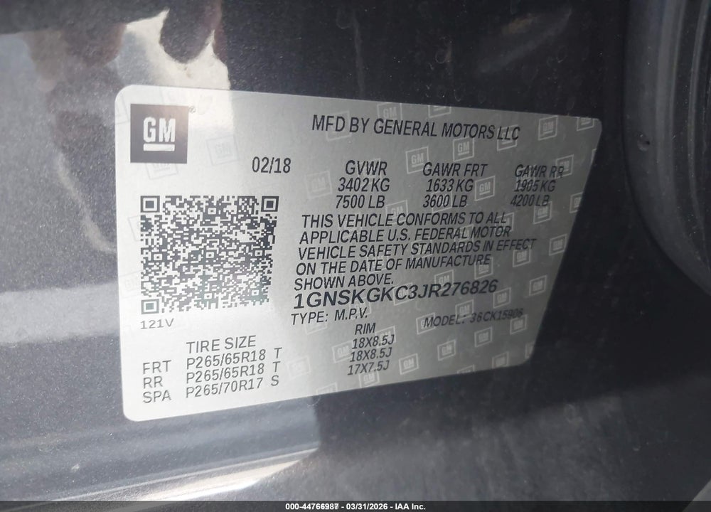 2018 CHEVROLET SUBURBAN LS VIN: 1GNSKGKC3JR276826