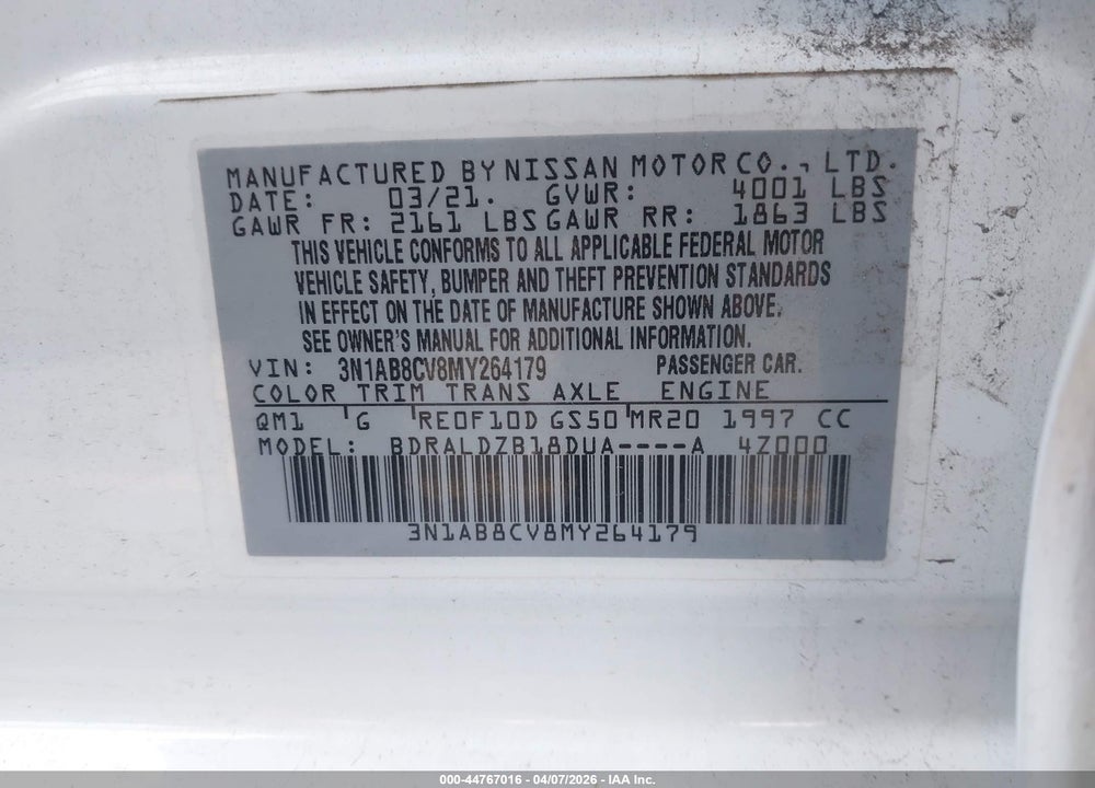 2021 NISSAN SENTRA SV XTRONIC CVT VIN: 3N1AB8CV8MY264179