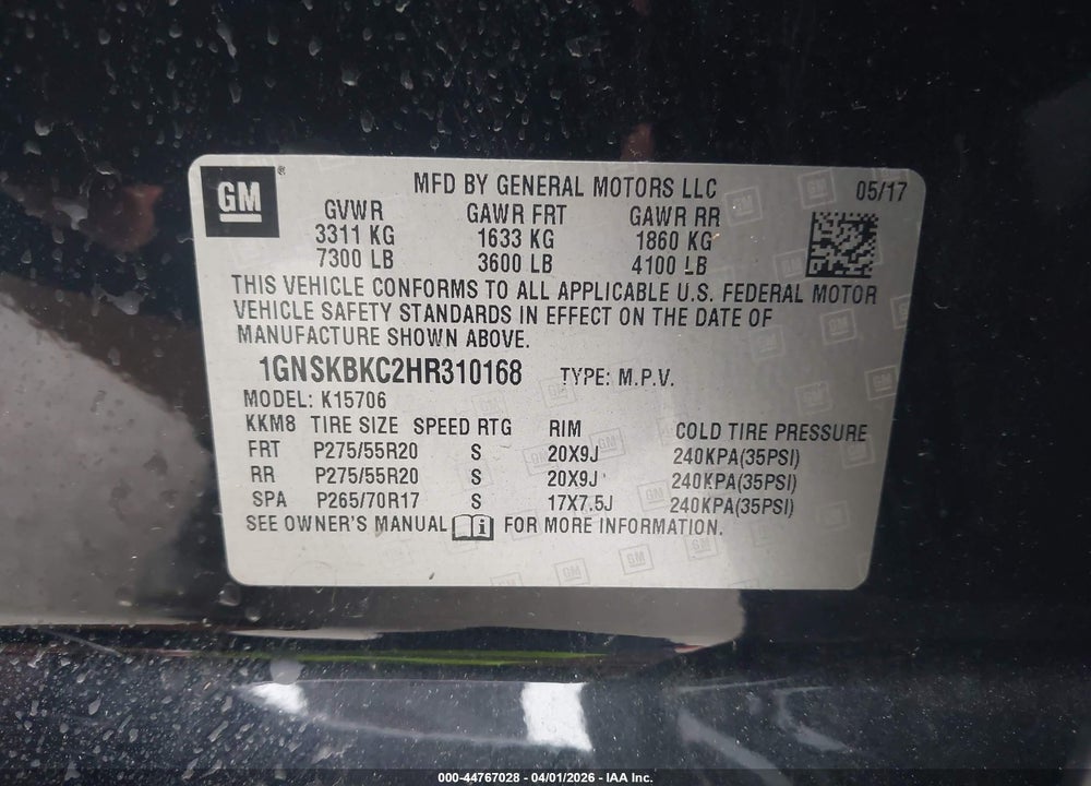 2017 CHEVROLET TAHOE VIN: 1GNSKBKC2HR310168