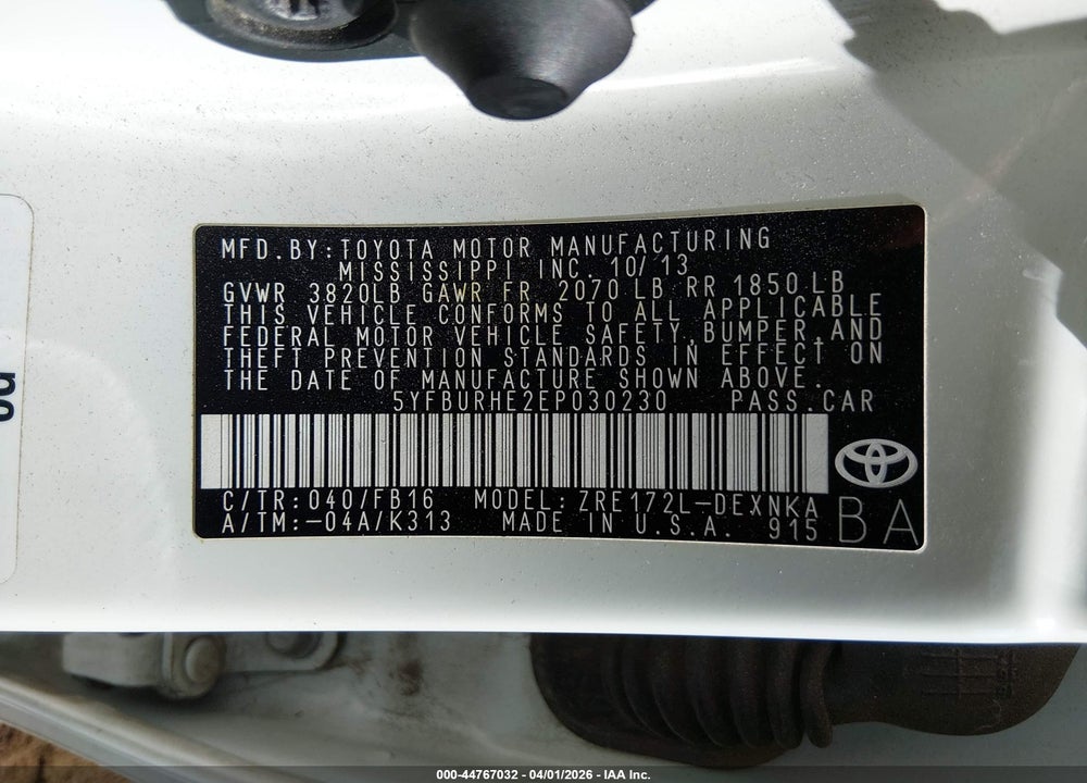 2014 TOYOTA COROLLA L/LE/S/S PLUS/LE PLUS VIN: 5YFBURHE2EP030230