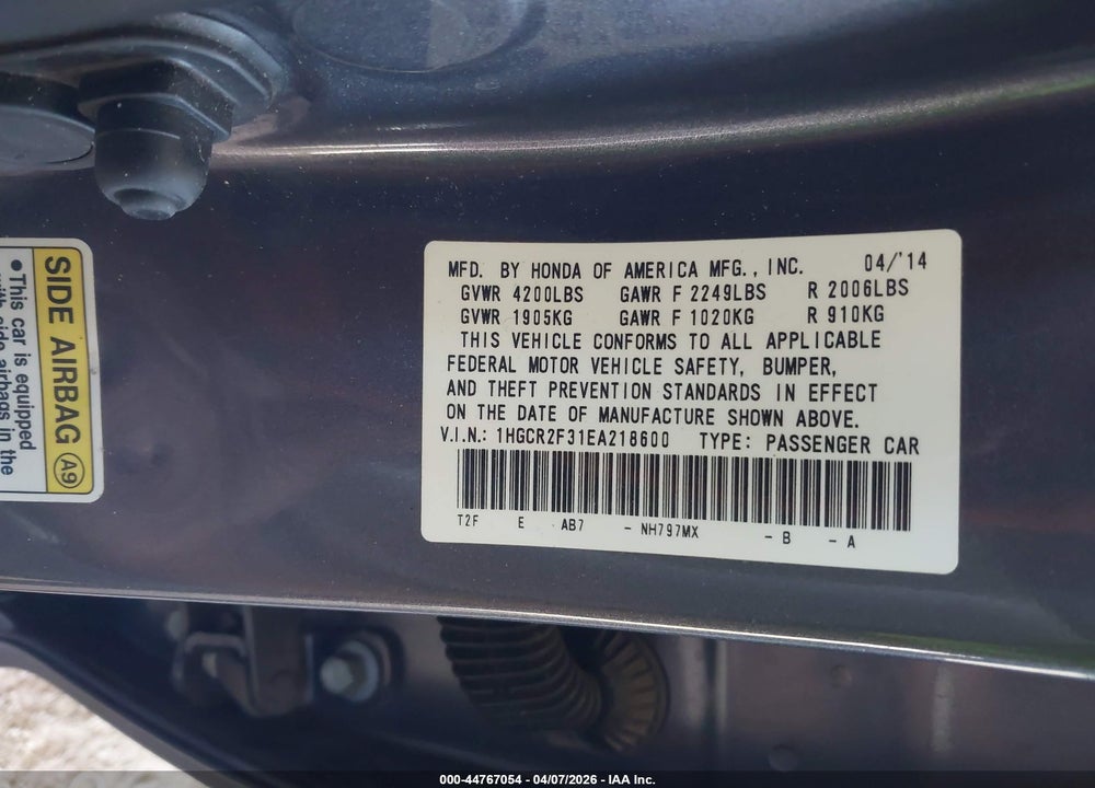 2014 HONDA ACCORD LX VIN: 1HGCR2F31EA218600