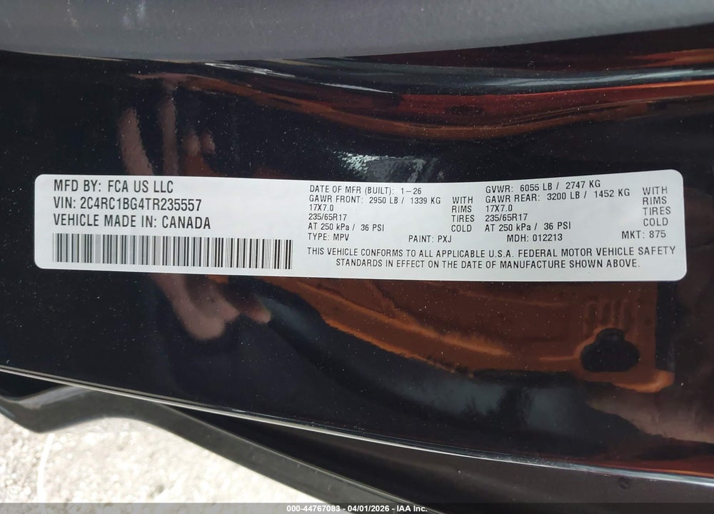 2026 CHRYSLER PACIFICA SELECT VIN: 2C4RC1BG4TR235557