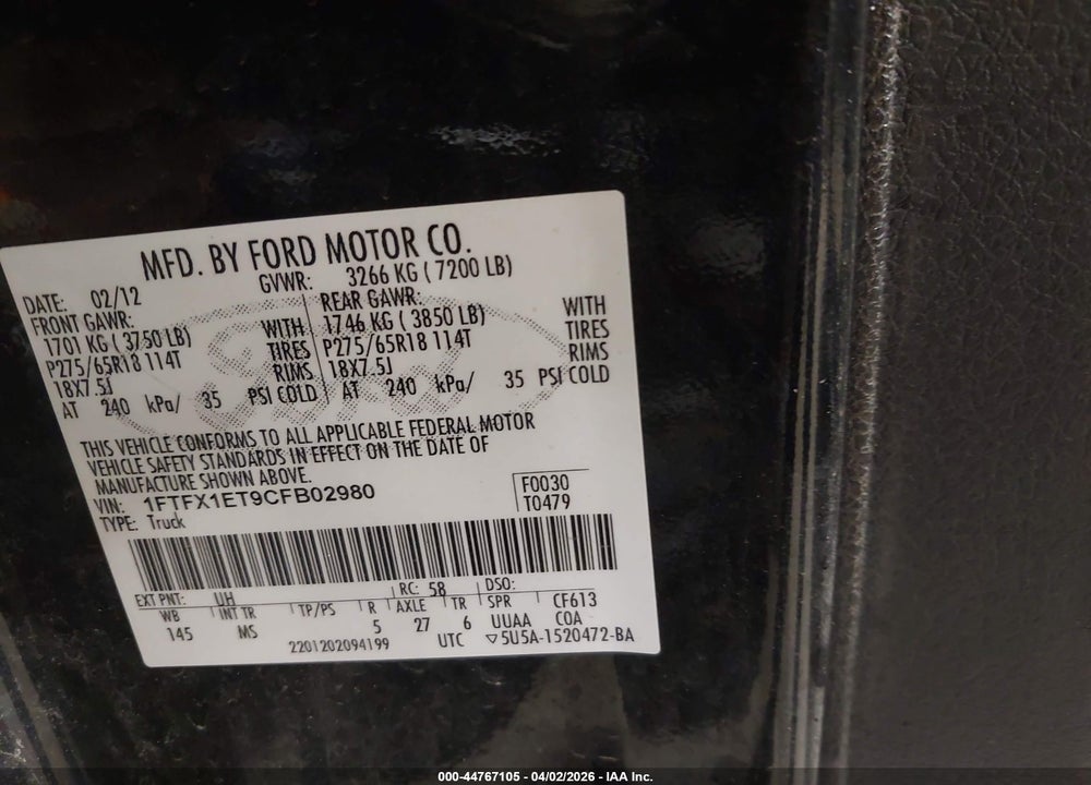 2012 FORD F-150 XLT VIN: 1FTFX1ET9CFB02980