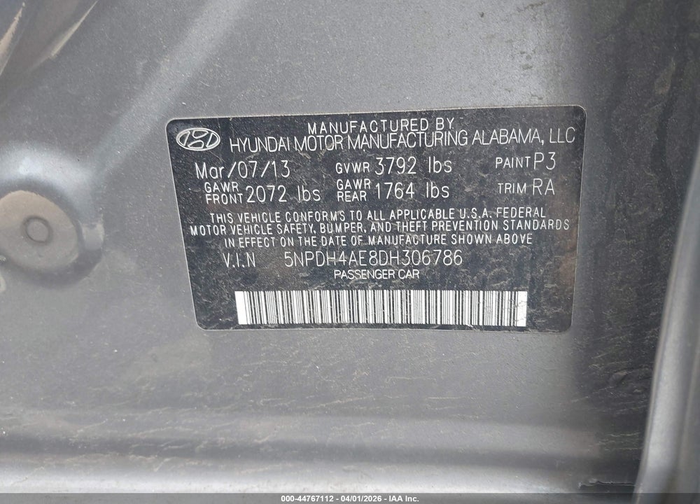 2013 HYUNDAI ELANTRA GLS VIN: 5NPDH4AE8DH306786