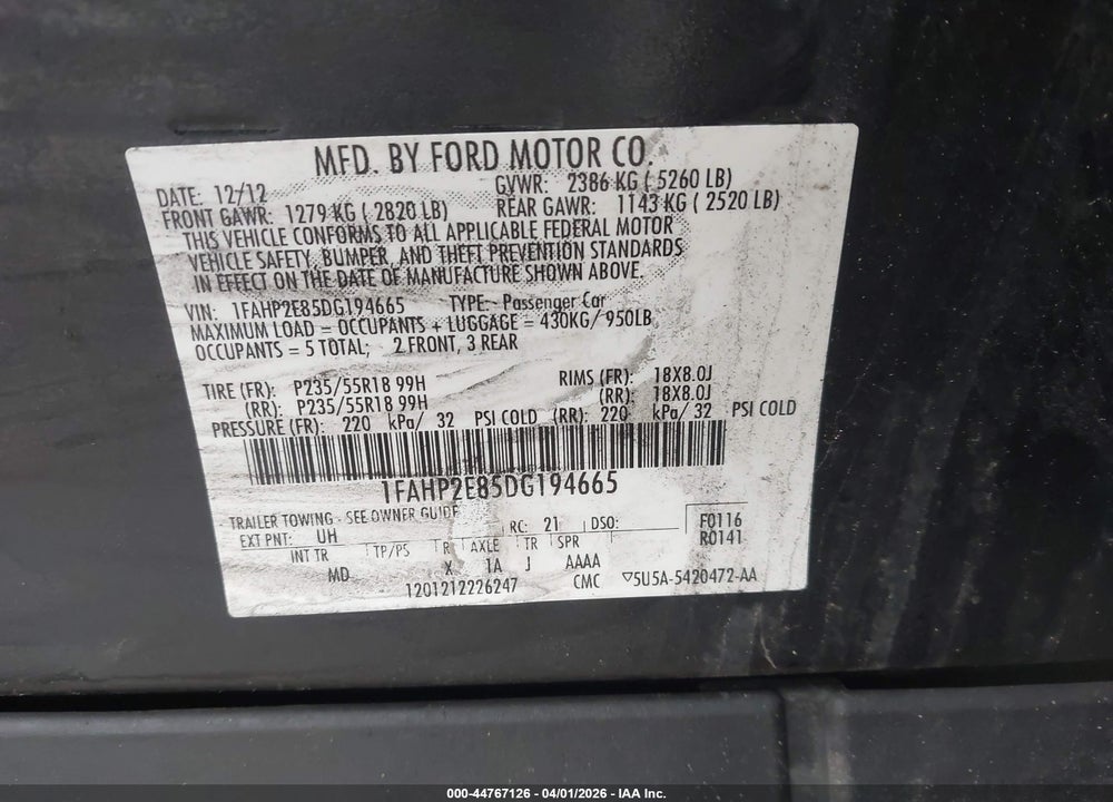 2013 FORD TAURUS SEL VIN: 1FAHP2E85DG194665