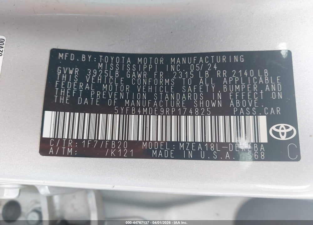 2024 TOYOTA COROLLA LE VIN: 5YFB4MDE9RP174825