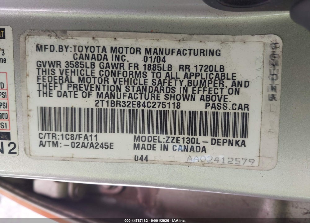 2004 TOYOTA COROLLA LE VIN: 2T1BR32E84C275118