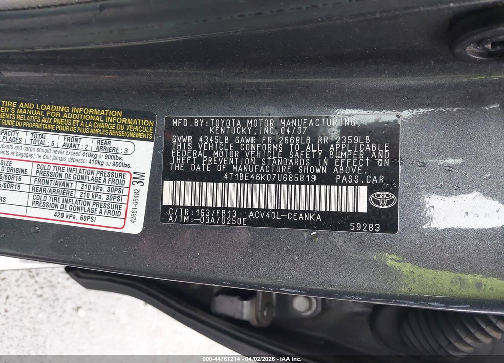 2007 TOYOTA CAMRY LE VIN: 4T1BE46K07U685819