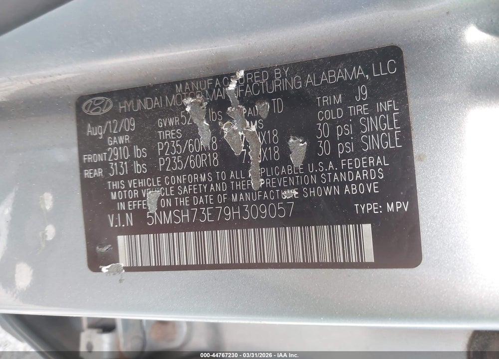 2009 HYUNDAI SANTA FE LIMITED VIN: 5NMSH73E79H309057